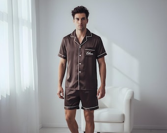 Custom Grooms Pjs - Mens Short Sleeve Pajama Set - Custom Groomsmen Pajama - Satin Pajama Set - Fathers Day Gift - Anniversary Gift for him