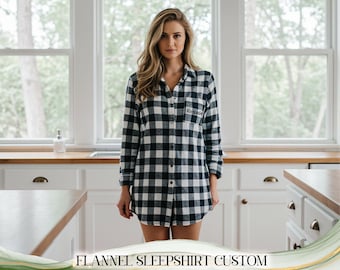Custom Flannel Sleep Shirt Buffalo Plaid Nightshirt for Women Bridesmaid Pajama Gift Bridal Party Shirt Winter Loungewear Christmas Gifts