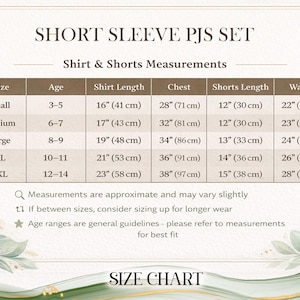 Puede incluir: Una tabla de tallas para un conjunto de pijama de manga corta. La tabla incluye medidas de largo de camisa, pecho, largo de pantal&oacute;n corto y cintura en cent&iacute;metros. Las tallas van de peque&ntilde;a a 2XL, con rangos de edad correspondientes.