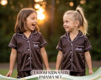 Personalized Kids Satin Pajamas • Custom Name PJ Set • Flower Girl Pajamas • Holiday Sleepwear • Photo Shoot Outfit • Gift for Girls or Boys