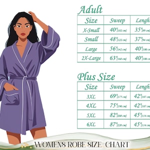 May include: A lavender robe with white trim and a matching belt is shown next to a size chart. The chart includes Adult and Plus sizes, with measurements in inches and centimeters. The text at the bottom reads "WOMENS ROBE SIZE CHART."