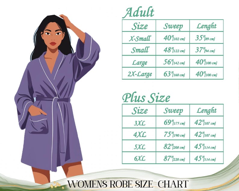 May include: A lavender robe with white trim and a matching belt is shown next to a size chart. The chart includes Adult and Plus sizes, with measurements in inches and centimeters. The text at the bottom reads "WOMENS ROBE SIZE CHART."