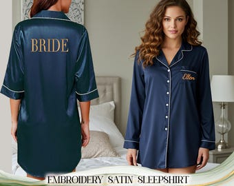 Plus Size Satin Sleep Shirt Embroidered Button Down Shirts Bridesmaid Long Sleeve Shirt Getting Ready Shirt Bridesmaid PJs Bridesmaid Gift