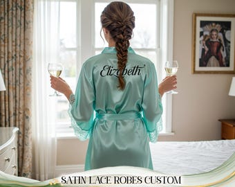 Customized Bridal Party Robes - Satin Lace Robe - Bridal Lace Robe - Bride Robe - Bridesmaid Lace Robes - Wedding Robes - Bridesmaid Gifts