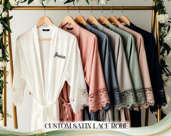 Custom Bridal Satin Lace Robes • Personalized Bridesmaid Robe • Wedding Party Getting Ready Outfits • Bridal Shower Gift • Bridal Party Gift