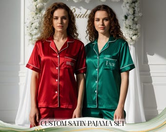 Personalized Bridal Party PJs Custom Satin Short Shirt & Pant Pajama Set Bridesmaids Pjs Monogram Silk Satin Button-Up Pjs Set Gift for Her