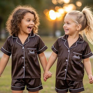 Puede incluir: Dos ni&ntilde;os con conjuntos de pijama de sat&eacute;n marr&oacute;n a juego con ribetes blancos y nombres bordados. Las camisas de manga corta y los pantalones cortos son abotonados. Se dan la mano y sonr&iacute;en.