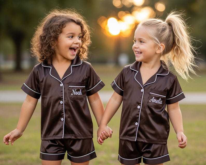 Puede incluir: Dos ni&ntilde;os con conjuntos de pijama de sat&eacute;n marr&oacute;n a juego con ribetes blancos y nombres bordados. Las camisas de manga corta y los pantalones cortos son abotonados. Se dan la mano y sonr&iacute;en.