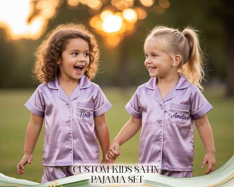Puede incluir: Dos ni&ntilde;os peque&ntilde;os con conjuntos de pijama de sat&eacute;n lavanda a juego con ribete blanco y nombres personalizados bordados en el bolsillo. Los conjuntos de pijama incluyen una camiseta de manga corta y pantalones cortos. El texto "CUSTOM KIDS SATIN PAJAMA SET" est&aacute; en la parte inferior de la imagen.