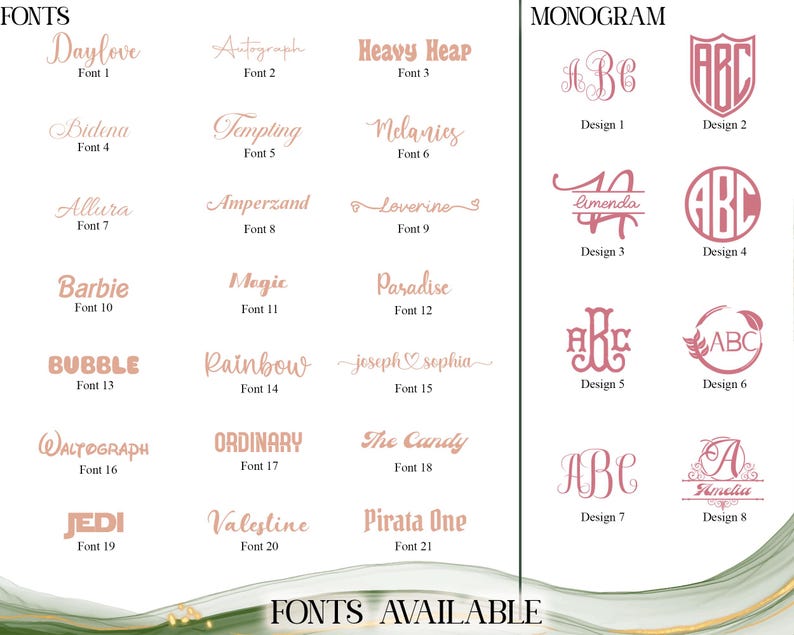 Puede incluir: Una exhibici&oacute;n de estilos de fuente y dise&ntilde;os de monogramas en color oro rosa. La imagen se divide en dos secciones, con ejemplos de fuentes a la izquierda y opciones de monogramas a la derecha. El texto "FONTS AVAILABLE" se muestra en la parte inferior.