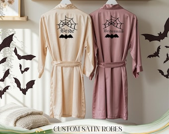 Halloween Bride & Bridesmaid Satin Robe | Custom Gothic Wedding Party Robe | Your Design Halloween Robe | Bridal Shower Gift  Halloween Gift