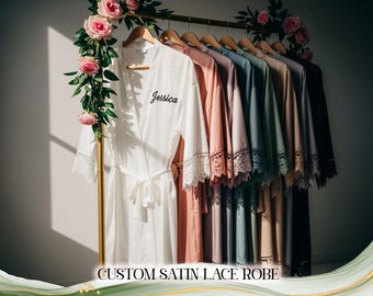 Custom Satin Lace Robes • Personalized Bridesmaid Robes • Wedding Party Getting Ready Outfits • Bridal Shower Gift • Bridal Party Gifts