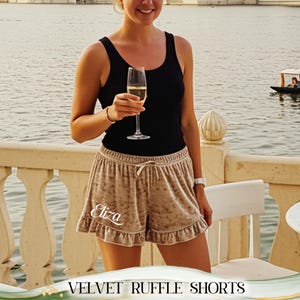 Custom Text Ruffle Shorts Womens Velvet Pajamas Ruffle Shorts Bridesmaid Pajamas Shorts Customized Velvet Shorts Lounge Shorts Gift for Her