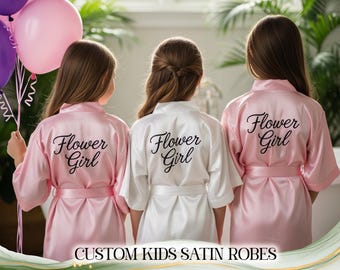 Bata de dama de honor infantil personalizada, bata de satén para niña de las flores, bata personalizada para niños, bata de preparación para bodas, regalo para fiesta, nombre o rol impreso