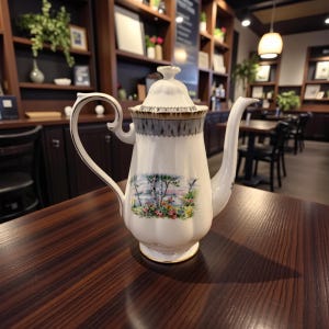 Puede incluir: Una cafetera de porcelana blanca con tapa y asa curva. La cafetera presenta una escena de paisaje con árboles y flores, y está adornada con detalles dorados. La cafetera está sobre una mesa de madera oscura.