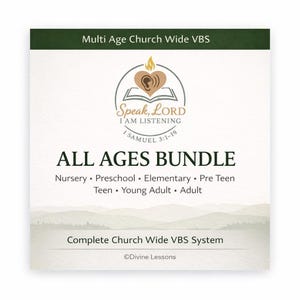 May include: A white card with the text "Multi Age Church Wide VBS" and "ALL AGES BUNDLE". The card includes the text "Speak, LORD I AM LISTENING" and "Complete Church Wide VBS System". The card has a green border and a mountain scene.