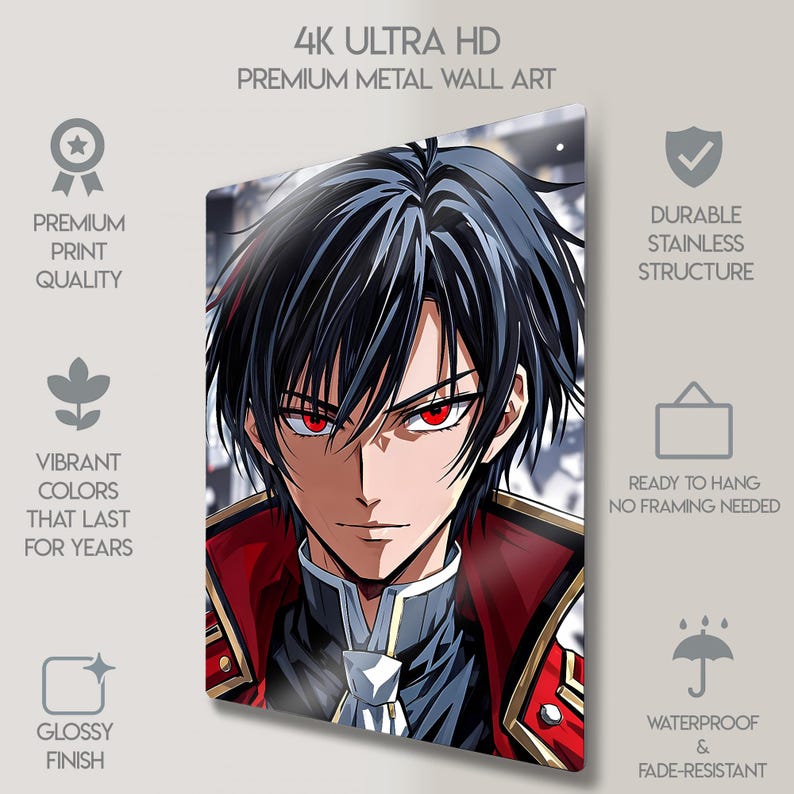 May include: Metal wall art featuring an anime-style character with black hair and red eyes. The artwork has a glossy finish and vibrant colors. Text on the art reads "4K Ultra HD Premium Metal Wall Art". The art is ready to hang.