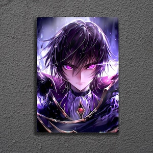 May include: Anime-style artwork featuring a character with dark purple hair and striking magenta eyes. The character is dressed in a purple and black outfit with gold accents. The artwork has a dramatic, intense feel, with a focus on the character's face.