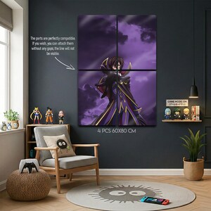 May include: A four-piece wall art set featuring a character in a purple and gold outfit against a purple background. The set measures 60x80 cm. Text on the art reads, "The parts are perfectly compatible..." and "GAME MODE: ON".
