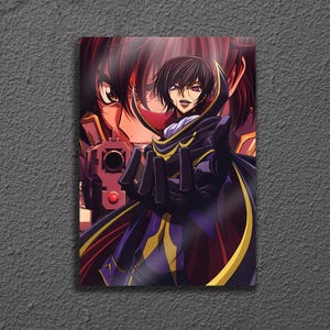 May include: Anime-style artwork featuring a character in a black and purple outfit with gold accents, set against a backdrop of another character and a gun. The artwork has a dynamic pose and vibrant colors.