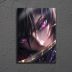 May include: A digital art print featuring a close-up of a character's face with striking purple eyes. The character has dark hair and is wearing a dark outfit with gold accents. The artwork has a detailed, anime-inspired style.