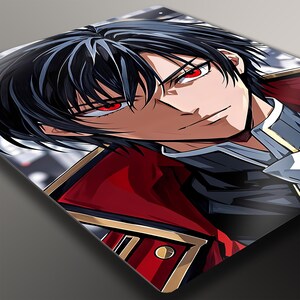 May include: Anime-style illustration of a male character with black hair and intense red eyes. He wears a red and black outfit with gold accents. The artwork has a dynamic pose and a determined expression.