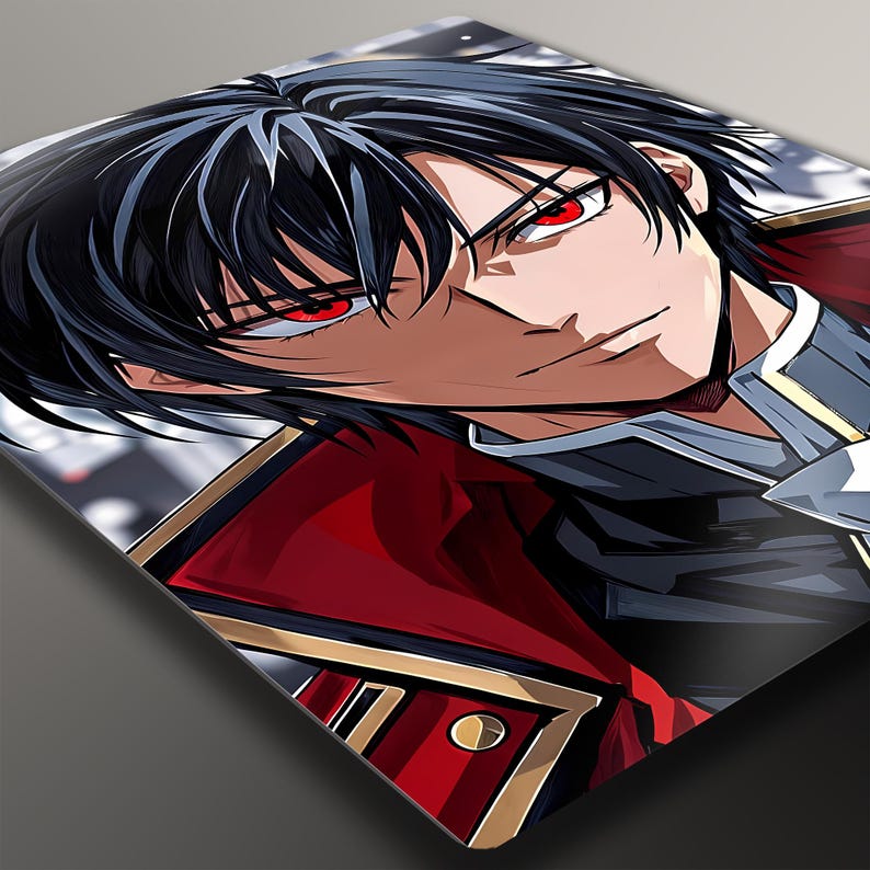 May include: Anime-style illustration of a male character with black hair and intense red eyes. He wears a red and black outfit with gold accents. The artwork has a dynamic pose and a determined expression.