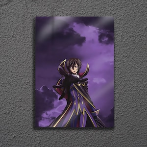 May include: Anime art print featuring a character in a dark purple and gold outfit with a cape, set against a purple cloudy sky. The character has dark hair and is reaching out with a gloved hand.