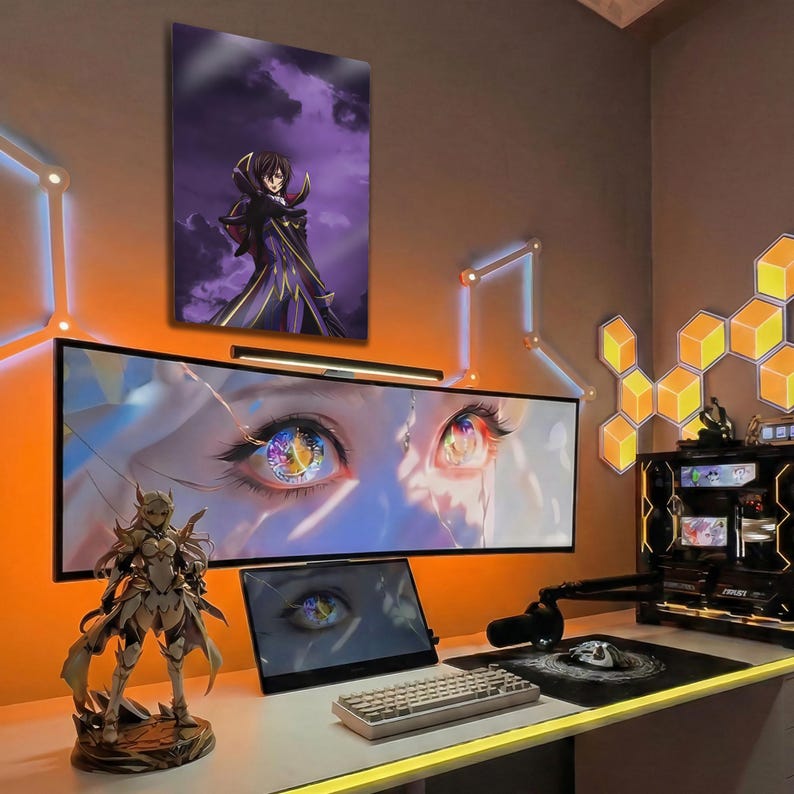 May include: A gaming setup featuring a large curved monitor displaying a colorful eye graphic, a smaller screen, and a keyboard. A statue of a female warrior stands on the desk. A framed anime art piece hangs on the wall above the monitor.