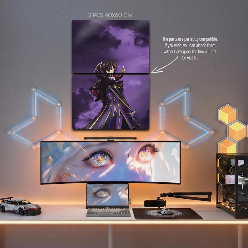 May include: A two-piece wall art set, each panel measuring 40x60 cm, featuring an anime character in a purple and gold outfit against a purple sky. The artwork is displayed above a curved monitor, a laptop, and other gaming accessories.
