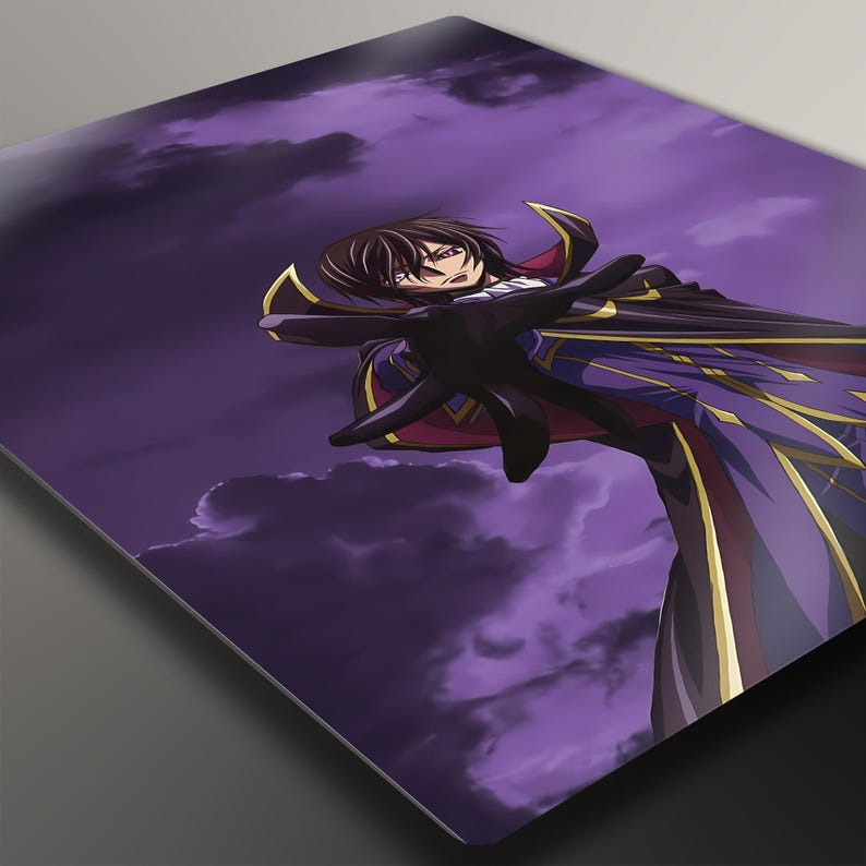 May include: Anime art print featuring a character with dark hair and a dramatic pose against a purple sky. The character wears a black and purple outfit with gold accents, and black gloves. The artwork has a dynamic composition.