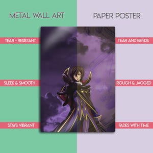 May include: Metal wall art and paper poster featuring a character illustration in a purple and gold color scheme. The metal art is tear-resistant, sleek, smooth, and stays vibrant. The paper poster tears and bends, is rough and jagged, and fades with time.