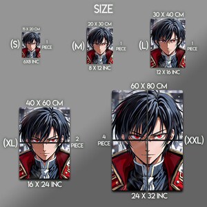 May include: Anime-style artwork print featuring a male character with black hair and red eyes, wearing a red and black military-style jacket. The image is available in multiple sizes, from 6x8 inches to 24x32 inches, with the text "SIZE" at the top.