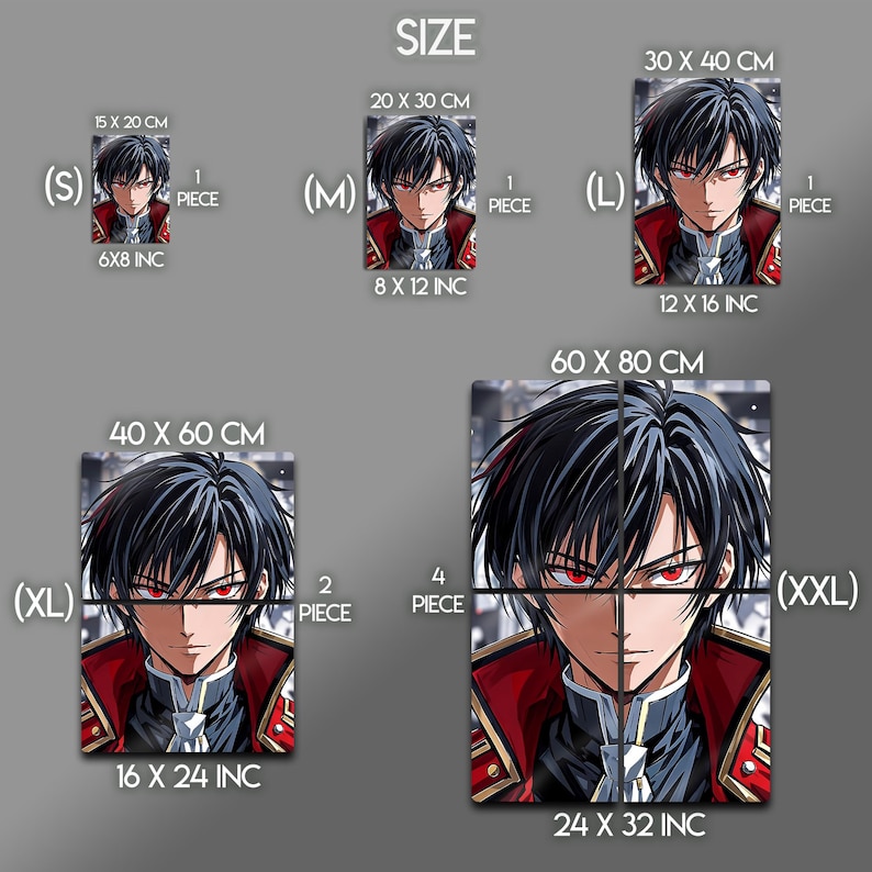 May include: Anime-style artwork print featuring a male character with black hair and red eyes, wearing a red and black military-style jacket. The image is available in multiple sizes, from 6x8 inches to 24x32 inches, with the text "SIZE" at the top.