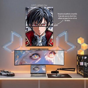 May include: Two-piece anime wall art, each panel 40x60 cm, featuring a male character with black hair and red eyes. The artwork is displayed above a curved monitor and a laptop on a white desk. Text on the art states the pieces are compatible.