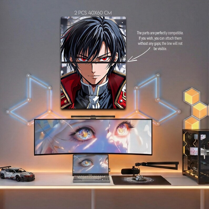 May include: Two-piece anime wall art, each panel 40x60 cm, featuring a male character with black hair and red eyes. The artwork is displayed above a curved monitor and a laptop on a white desk. Text on the art states the pieces are compatible.