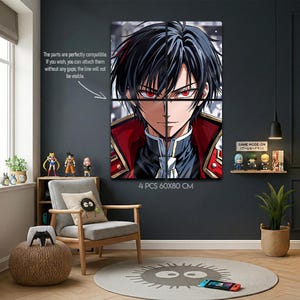 May include: A four-piece wall art set featuring a detailed anime character with black hair and red eyes. The artwork is set against a dark background, with text indicating the dimensions are 60x80 cm. The text also states the parts are compatible.
