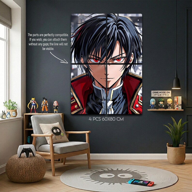 May include: A four-piece wall art set featuring a detailed anime character with black hair and red eyes. The artwork is set against a dark background, with text indicating the dimensions are 60x80 cm. The text also states the parts are compatible.
