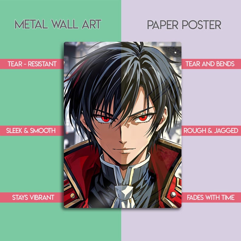 May include: Metal wall art featuring a detailed anime-style portrait with black hair and red eyes. The artwork is set against a green and purple background with text indicating it is tear-resistant and stays vibrant.