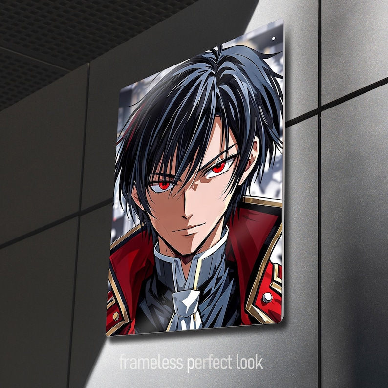 May include: A framed anime-style portrait of a young man with black hair and red eyes. He wears a dark uniform with a red and gold trimmed jacket. The text "frameless perfect look" is at the bottom.
