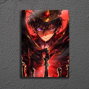 May include: Anime-style artwork featuring a character with black hair, purple and red eyes, and a gold crown. The character is wearing a black cloak and holding a chess piece. The background is a vibrant red, with a focus on the chess theme.