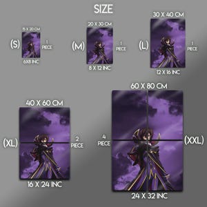 May include: Various sizes of a purple anime art print featuring a character in a black and gold outfit against a cloudy background. Sizes range from 6x8 inches to 24x32 inches, with the word "SIZE" at the top.