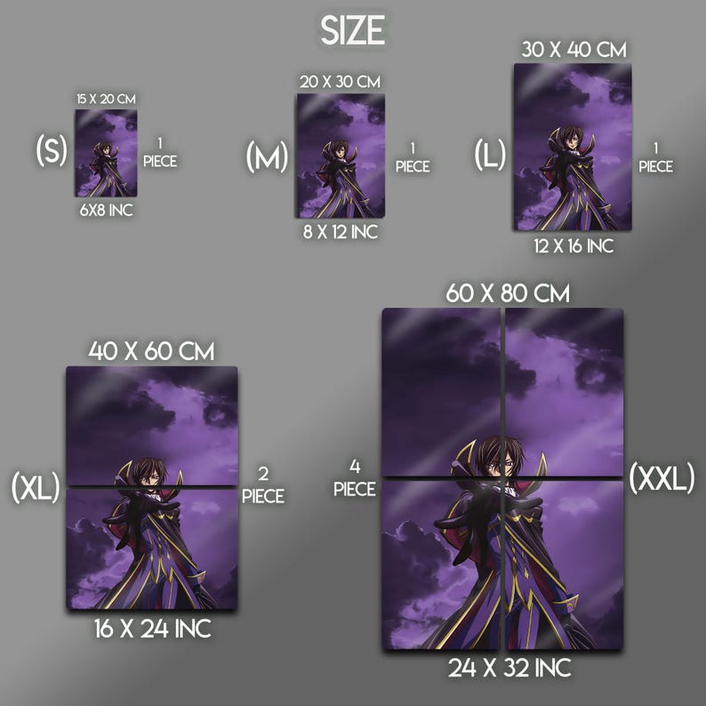 May include: Various sizes of a purple anime art print featuring a character in a black and gold outfit against a cloudy background. Sizes range from 6x8 inches to 24x32 inches, with the word "SIZE" at the top.