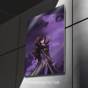 May include: Anime art print featuring a character in a purple and gold outfit against a purple cloudy sky. The image has the text "frameless perfect look" at the bottom.