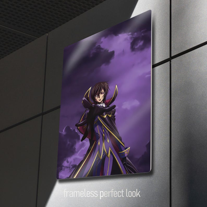 May include: Anime art print featuring a character in a purple and gold outfit against a purple cloudy sky. The image has the text "frameless perfect look" at the bottom.