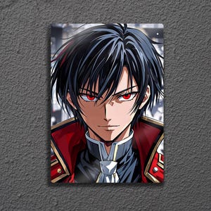 May include: Anime-style artwork featuring a male character with black hair and striking red eyes. He wears a red and gold jacket over a black uniform with a white tie. The artwork has a detailed, stylized appearance, suitable for wall art or a poster.