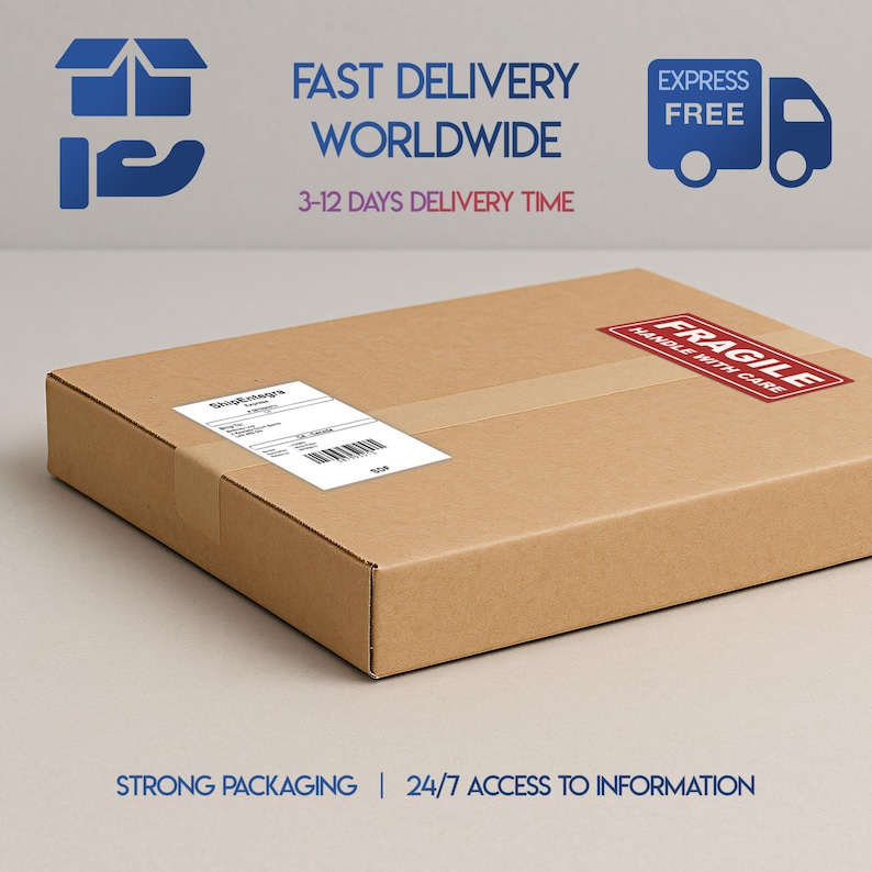 May include: A brown cardboard box with a shipping label and a red "FRAGILE" sticker. The box has text that reads "FAST DELIVERY WORLDWIDE" and "3-12 DAYS DELIVERY TIME". The image also includes the text "EXPRESS FREE" and "STRONG PACKAGING | 24/7 ACCESS TO INFORMATION".