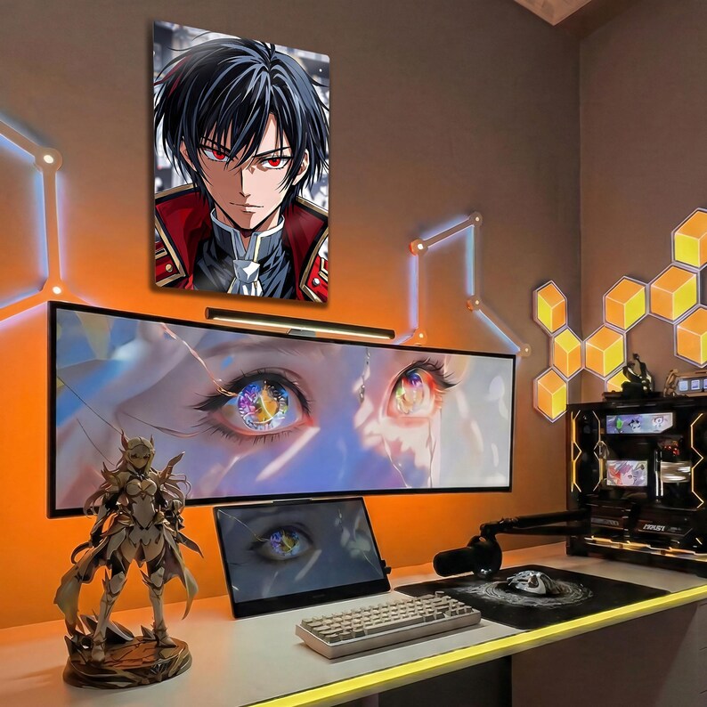May include: A gaming setup featuring a large curved monitor displaying a close-up of eyes with colorful irises. A framed anime portrait hangs above. A figurine and keyboard are on the desk, with a computer tower and microphone.