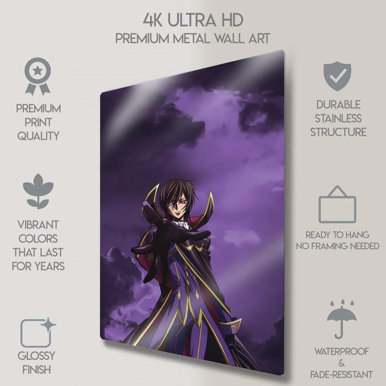 May include: Metal wall art featuring an anime character in a purple and gold outfit against a purple sky. The artwork is labeled "4K Ultra HD Premium Metal Wall Art" and includes icons indicating premium print quality, vibrant colors, and a glossy finish.