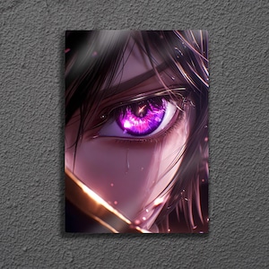 May include: A close-up anime art print featuring a vibrant purple eye with detailed eyelashes and a tear. The eye is surrounded by black hair and a golden accent, set against a textured gray background.